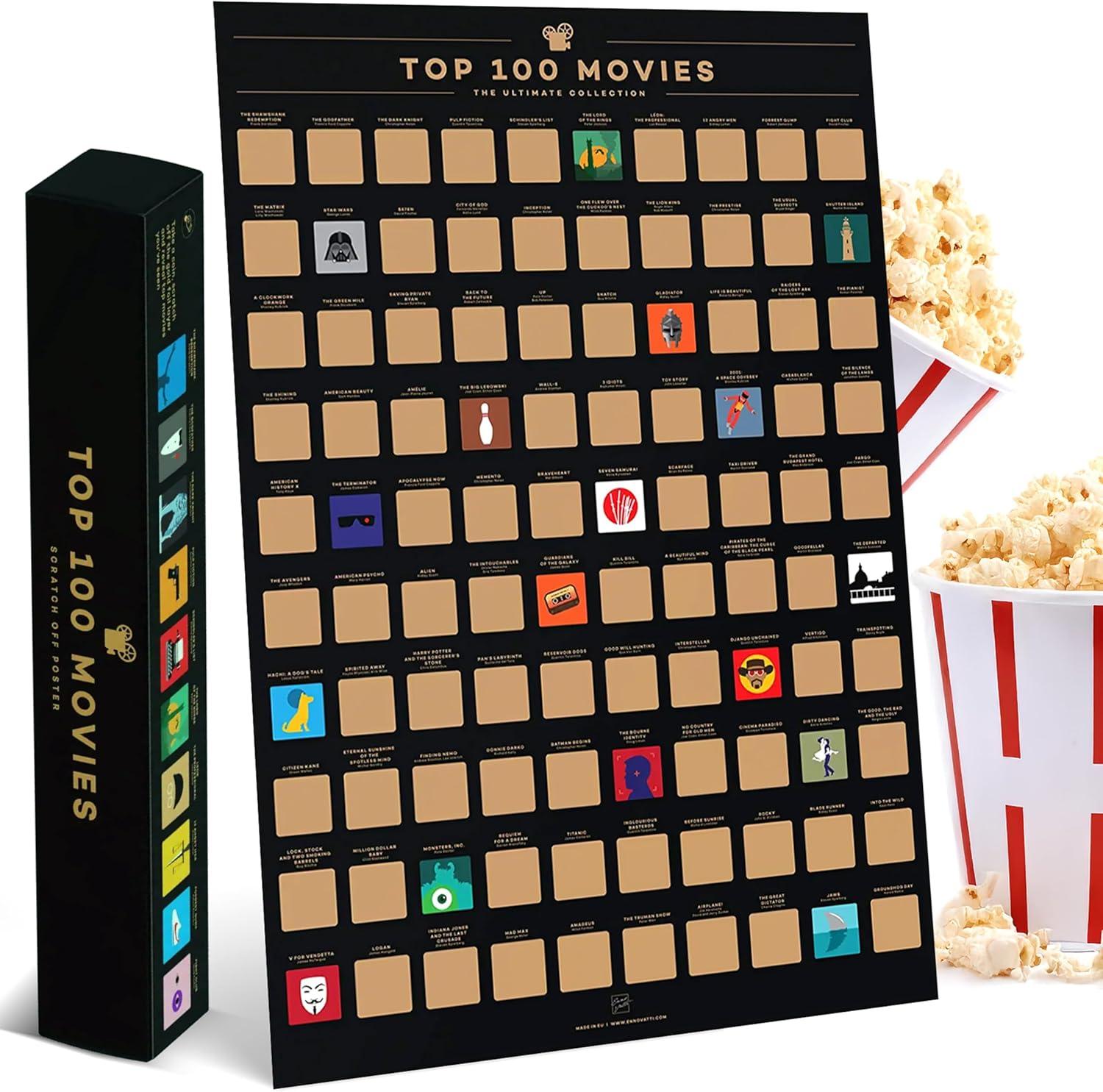 Exciting Top 100 Movie Scratch-Off.POSTER: Tested for film lovers, up-to-date! 48" LARGE...ViewHolder!