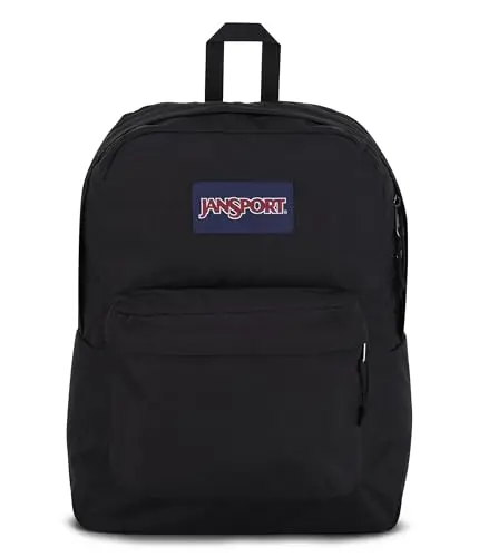 Classic JanSport SuperBreak backpack in black, showing simple silhouette and front utility pocket
