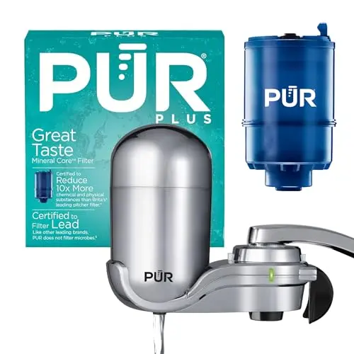 PUR vertical faucet mount water filtration system in chrome finish