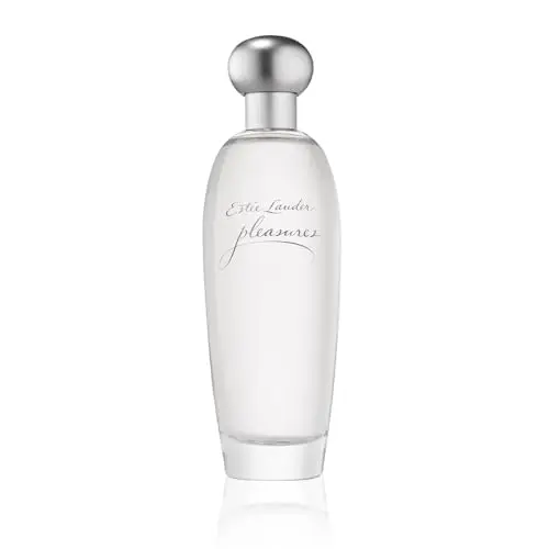 Estee Lauder Pleasures perfume bottle, a simple curved glass design.
