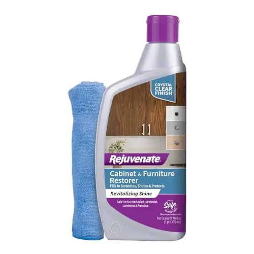 Rejuvenate Cabinet Restorer bottle showing scratch-filling and shining action