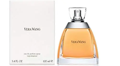 Vera Wang perfume bottle with a delicate, faceted design and a silver ring.