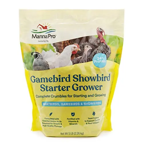 Manna Pro Gamebird and Showbird Crumbles in a 5-pound bag.