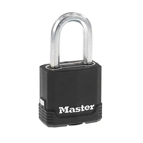 Master Lock Magnum Heavy Duty Outdoor Padlock with a laminated steel body and large shackle.