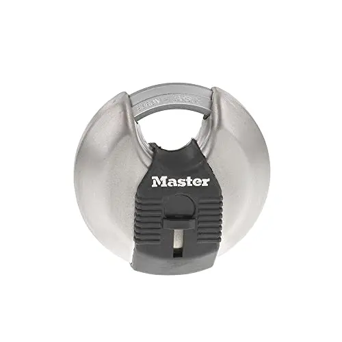 Master Lock stainless steel discus padlock with a shrouded shackle design.