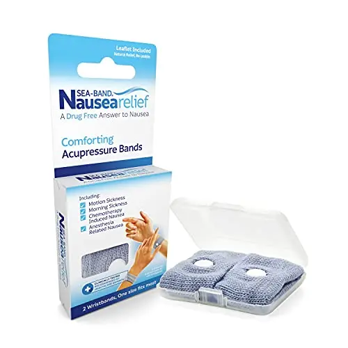 Classic gray Sea-Band acupressure wristband made of knitted elastic with a white plastic stud.