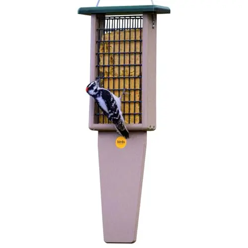 Birds Choice taupe and green pileated woodpecker suet feeder with long tail prop