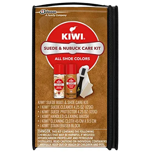 KIWI suede cleaner kit with bottles, brush, cloth, and eraser block