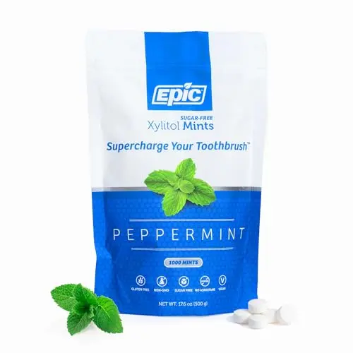 Epic Xylitol Peppermint Mints in a large white plastic jar