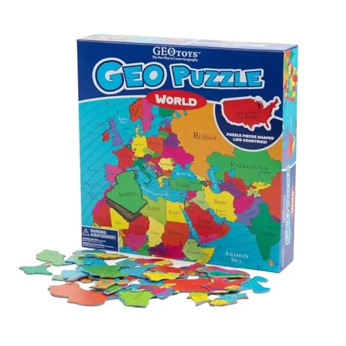 GEO TOYS world map puzzle with country-shaped pieces showing continents