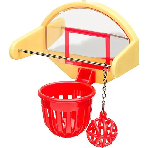 JW Pet birdie basketball toy with a small mirrored backboard and a hanging plastic ball
