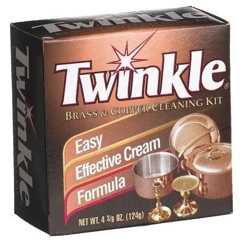 Twinkle Brass and Copper Cleaning Kit showing two boxes of cream cleaner and a reusable sponge