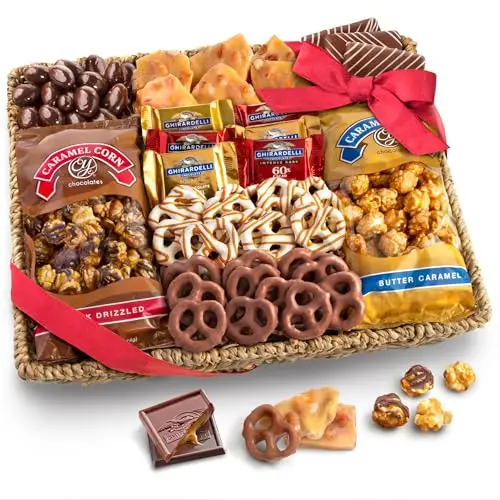 A Gift Inside large seagrass basket overflowing with chocolates, caramel corn, and nuts
