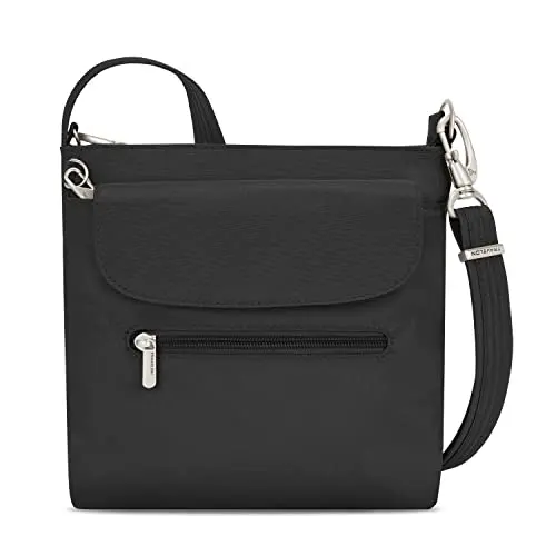Travelon anti-theft mini shoulder bag showing multiple zippered compartments and adjustable strap