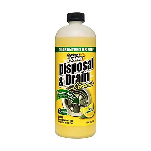 Instant Power disposal and drain cleaner liquid in a lemon-scented bottle.