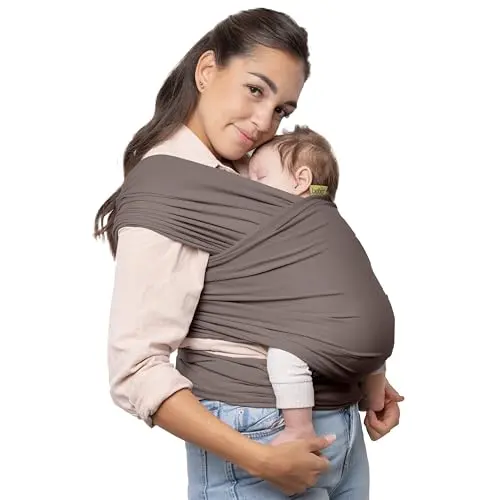 BOBA Grey Baby Wrap Carrier being worn with a newborn