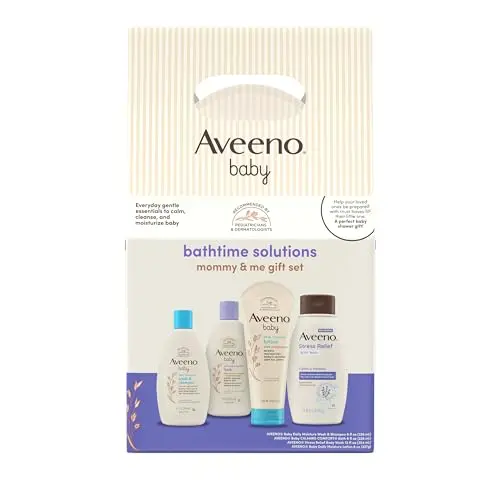 Aveeno Baby Mommy & Me bath gift set with wash, shampoo, lotion, and mom body wash in wicker basket