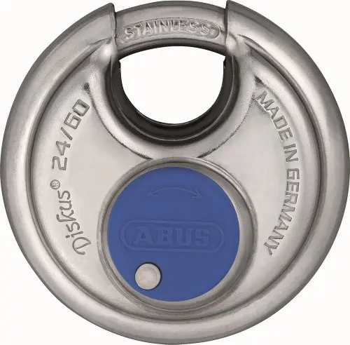 Smaller ABUS silver diskus padlock, ideal for standard storage locker hasps.
