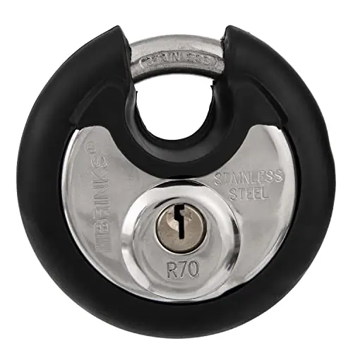 BRINKS 70mm discus padlock in black with a stainless steel shackle.