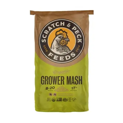 Scratch and Peck Organic Whole Grain Grower Mash chicken feed in a bag