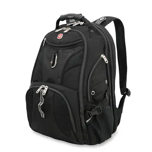 SwissGear 1900 Scansmart TSA 17-inch Laptop Backpack in black, showing multiple compartments