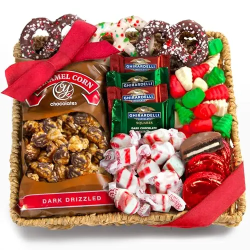 A reusable sea grass basket filled with Ghirardelli chocolate squares, handmade caramel corn, chocolate bark, and other festive treats.