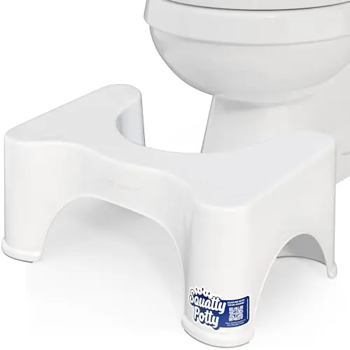 Squatty Potty Original 9-inch toilet stool in white, positioned under a toilet.