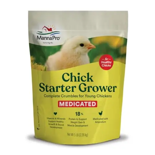5lb bag of Manna Pro Medicated Chick Starter Grower Feed in crumble form.