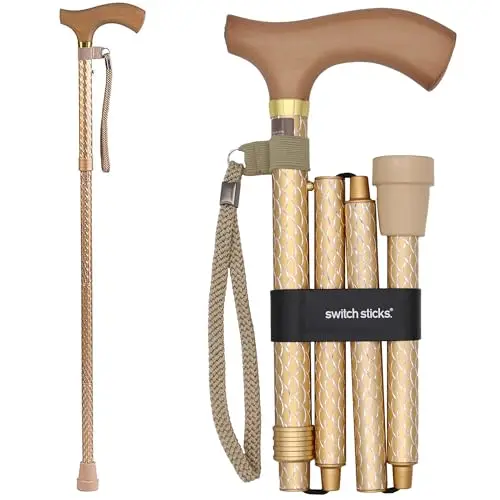 Switch Sticks folding cane with engraved wood handle