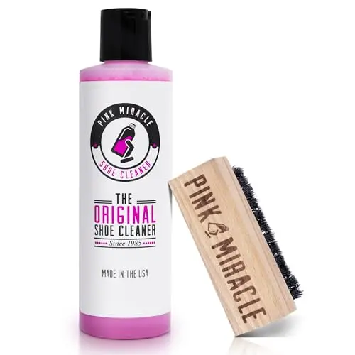 Pink Miracle Shoe Cleaner bottle and brush cleaning a white sneaker.