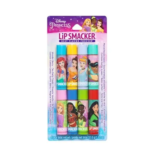 Lip Smacker Disney Princess 8-Pack of lip balms in clear tubes with princess designs.