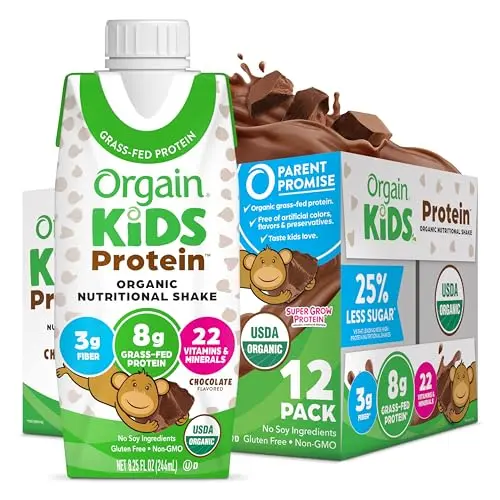 Box of Orgain Organic Kids ready-to-drink chocolate protein shakes