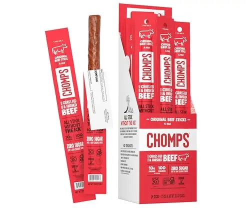 Chomps Original Beef Jerky Sticks in a 24-pack bundle.