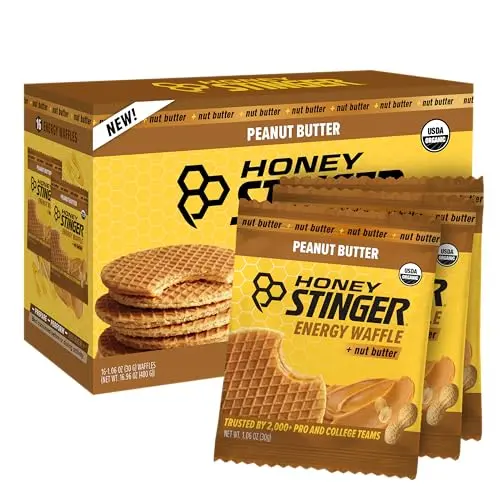 Honey Stinger Peanut Butter Waffle on a wooden surface