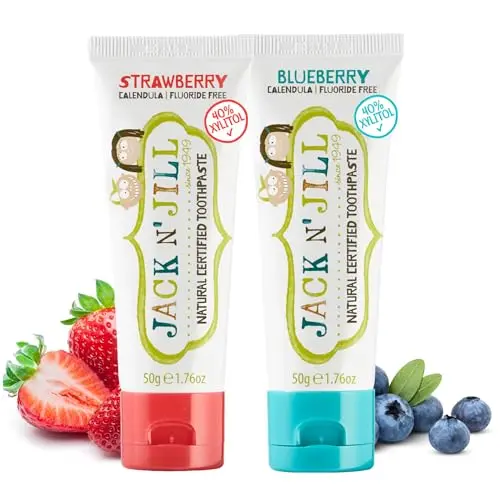Jack N' Jill Natural Fluoride-Free Toddler Toothpaste in strawberry and blueberry flavors