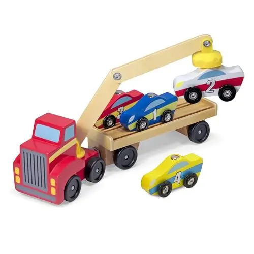 Melissa & Doug wooden magnetic car loader truck with red semi-trailer and four colorful cars