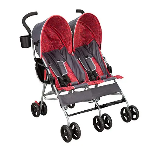 Delta Children LX Side by Side Double Stroller in Grey, featuring a compact fold and two seats.