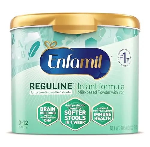 Enfamil Reguline baby formula powder in a reusable tub