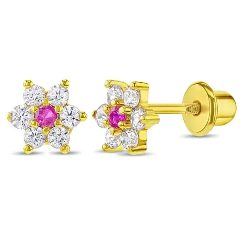 In Season Jewelry gold plated clear and pink cubic zirconia flower screw-back earrings for infants