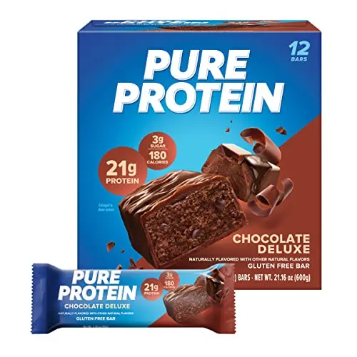 Pure Protein Chocolate Deluxe Protein Bar on a gym bench