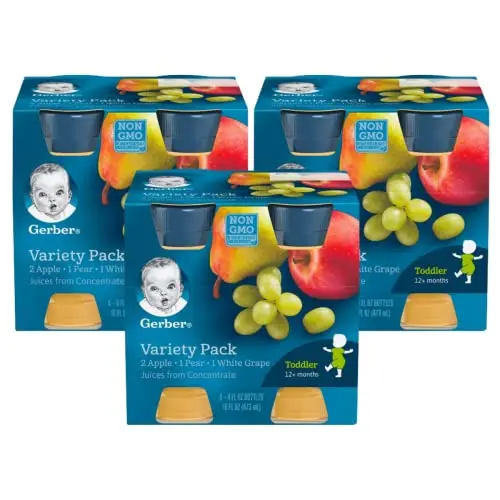 Gerber juice blend with two apple, one pear, and one white grape bottle