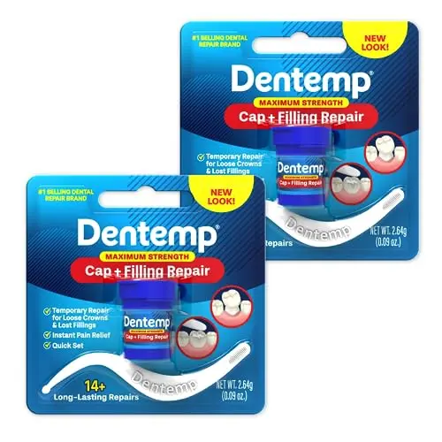 Dentemp Maximum Strength dental repair kit in a small jar with applicator