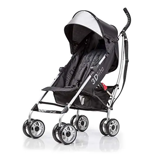 Bright Starts 3Dlite Convenience Stroller in black, showing compact fold and large canopy