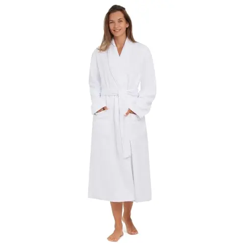 Monarch Plush Lined Microfiber Bath Robe in white, showing shawl collar and pockets