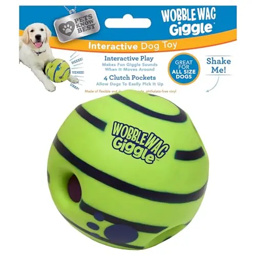 Green Wobble Wag Giggle ball dog toy with clutch pockets