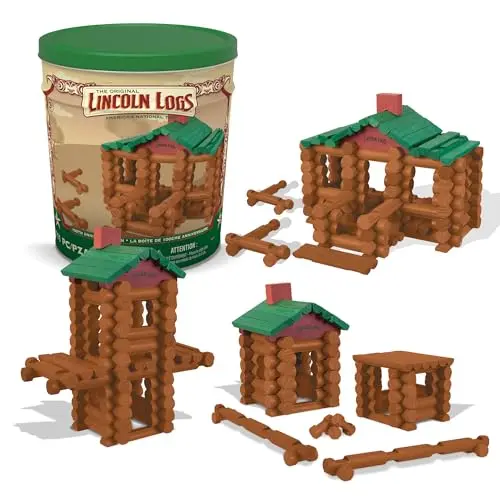Lincoln Logs 100th Anniversary Tin wooden building set in a collectible metal tin.