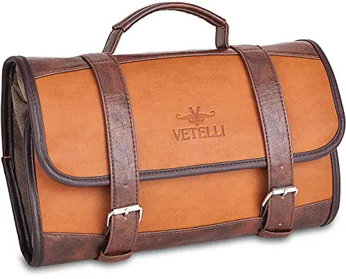 Vetelli Leather Toiletry Bag for Men opened to show multiple compartments