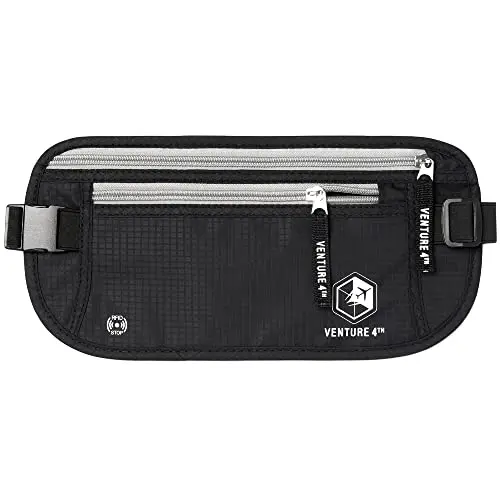 Black VENTURE 4TH money belt with a ripstop nylon pouch and adjustable strap.