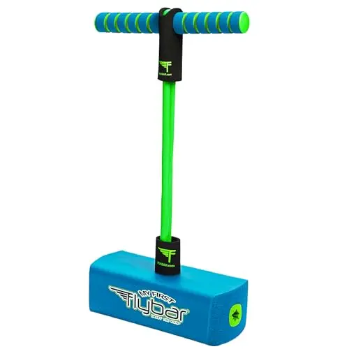 Blue Flybar foam pogo stick for kids on a grassy lawn