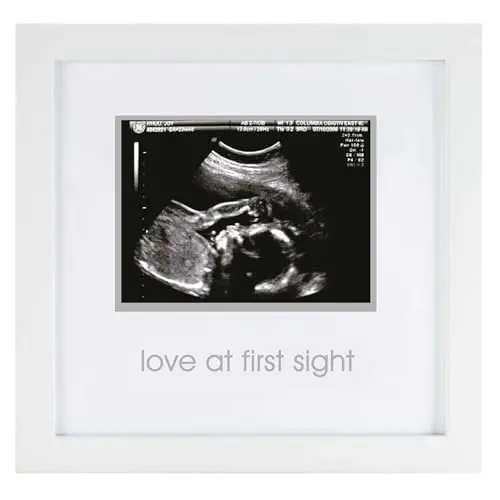 Pearhead white rectangular sonogram picture frame for ultrasound photos, shown on a table.